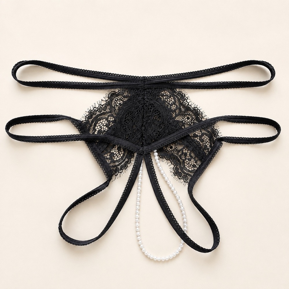 House of Desire Black Lace Pearl Thong Small Strappy Boudoir Seductive Romantic